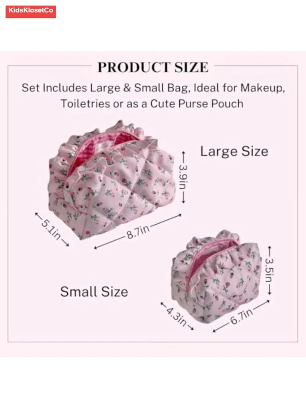 Quilted Pink Rose Makeup Bag Set of 2, Ruffled Cotton Floral Cosmetic Pouches,